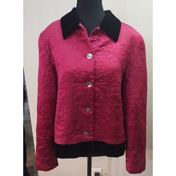 VTG 90s Susan Bristol Red Silk Quilted Button Up Jacket w Velvet Trim Sz 12 Goth - Picture 1 of 5